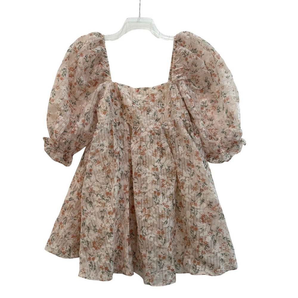 Storia Flourish in Frills Floral Puff Sleeve Babydoll Mini Dress Cream Peach M